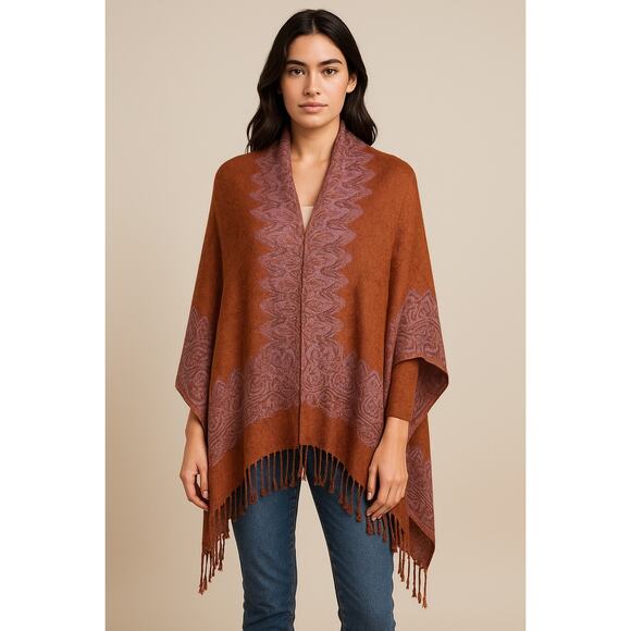 Pashmina & Silk Paisley Shawl Wrap – Burnt Orange & Lavender – Fringe BohoChic - Picture 1 of 7